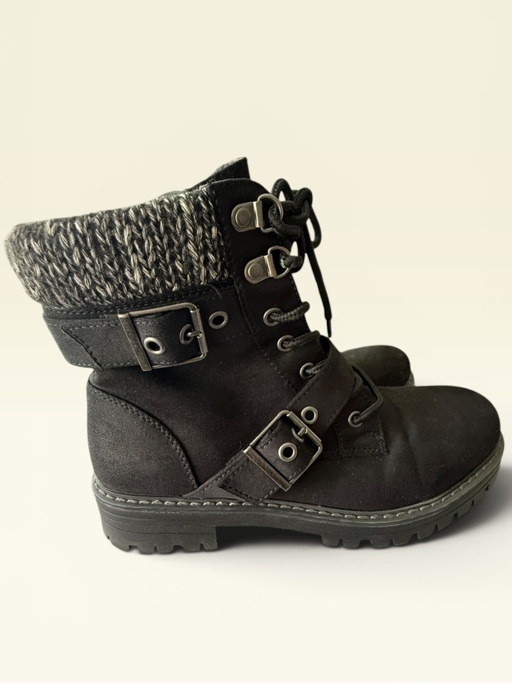 Cliffs by WHITE MOUNTAIN Marlee Black Lace-Up Knit-Cuff Combat Boots 7.5